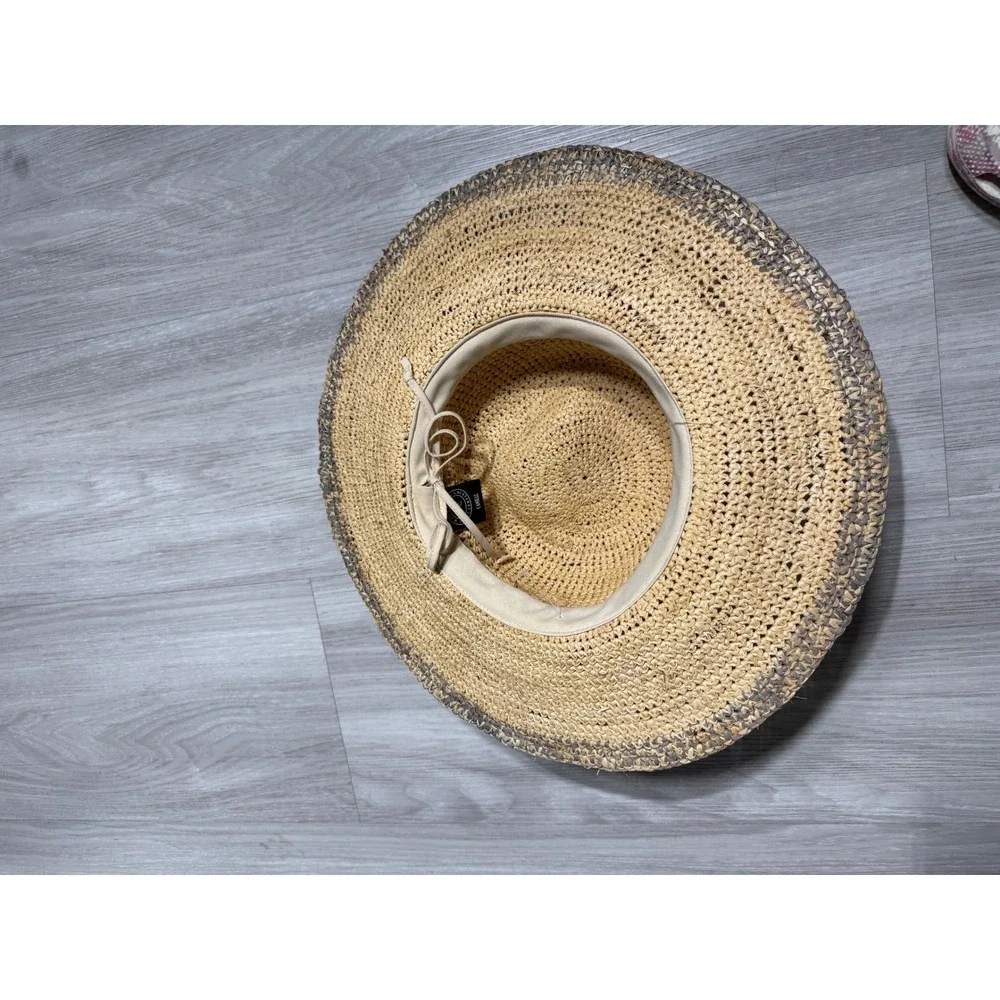 Wallaroo Hat Company Camille Natural Raffia Straw Sun Hat Wide Brim Tan Grey